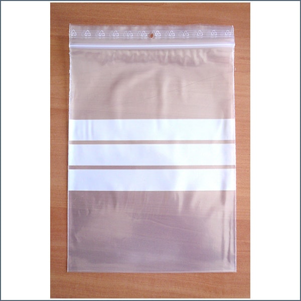 bolsas de plástico con autocierre clip y franjas blancas